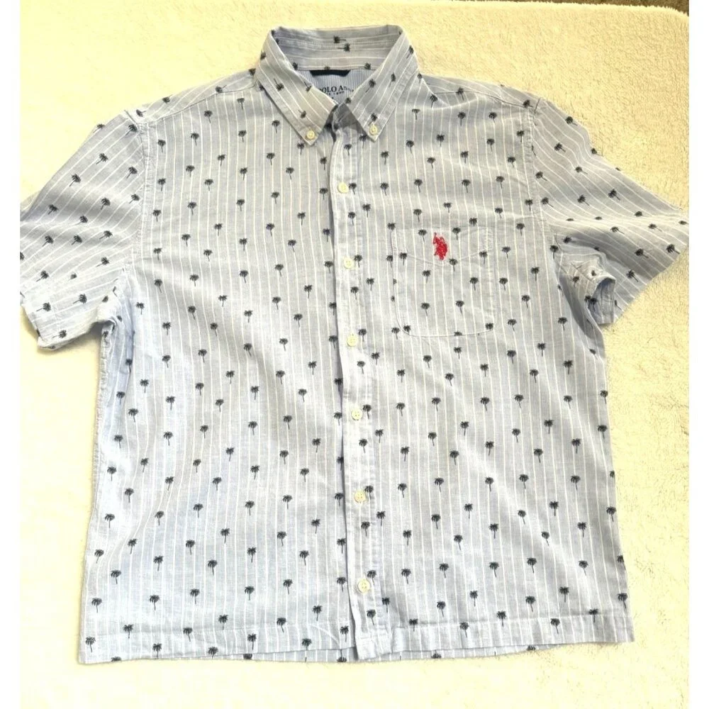 U.S. Polo Assn. Men's Polo Shirt Medium Blue White Stripes Palm Trees